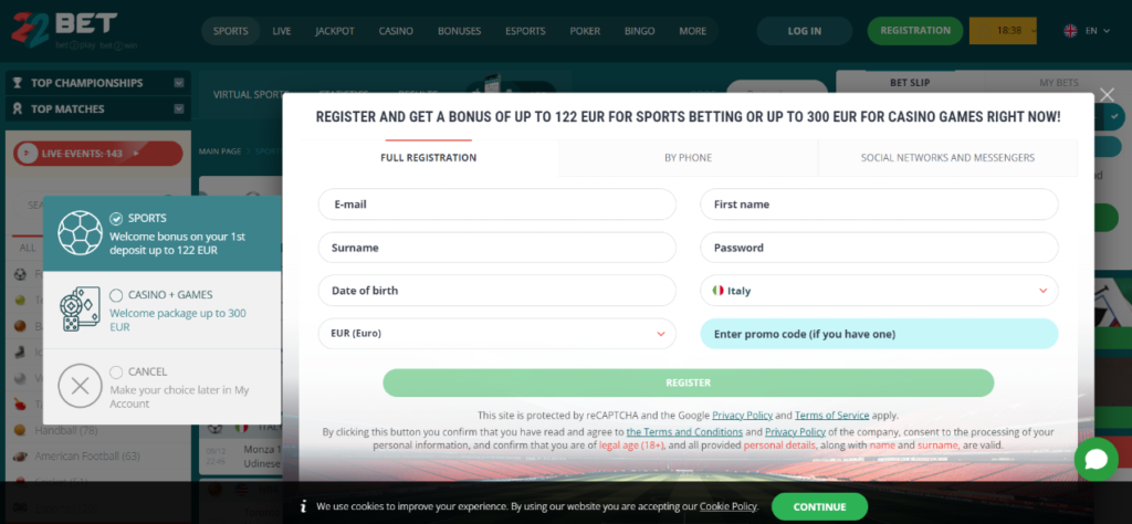 22bet Anmeldung